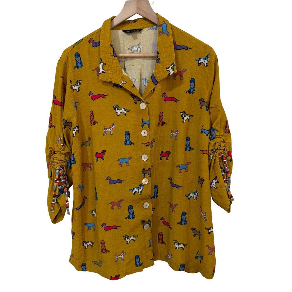 John Mark Dog Print Shirt Size L Mustard Yellow Ruched Sleeve Button Down Top